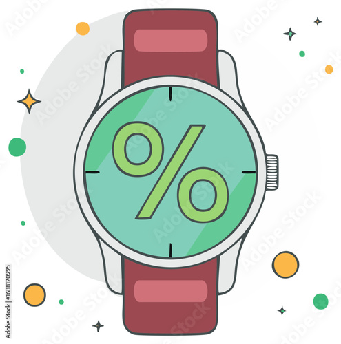 Time to save concept art showing percentage symbol in a wrist watch face illustration