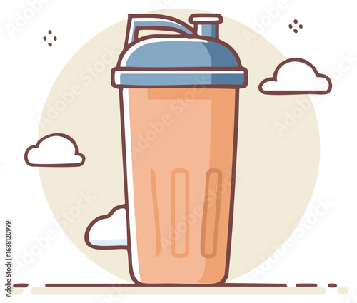 Protein shaker bottle cartoon illustration with clouds and decorative elements