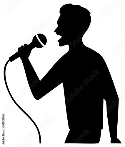 Stylized silhouette of a person singing or speaking into a microphone, a vector icon for vocal performance.
