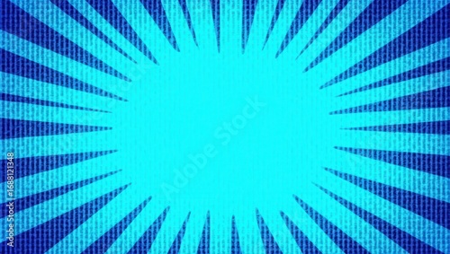 A vibrant, textured blue radial burst design featuring a central light-blue circle, radiating outwards with dotted lines creating a comic-book or retro effect