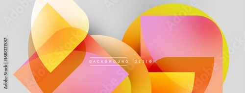 Abstract shapes overlap, creating vibrant color gradients. Modern design features soft pinks, oranges, yellows, light gray backdrop.