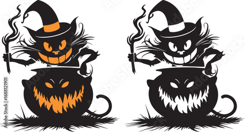 Halloween cat witch cauldron vector illustration spooky graphic design template art
