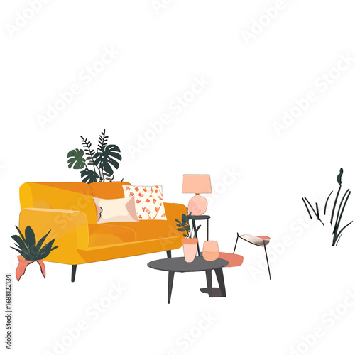 Wallpaper Mural Cozy Living Room Interior with Mustard Yellow Sofa Patterned Pillows and Plants Against a White Background in Cartoon Style Illustration Torontodigital.ca