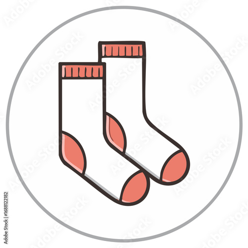 Pair of white socks with red accents in a round frame, illustration