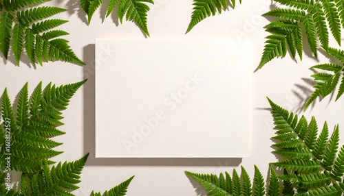 Blank Card with Green Fern Fronds Mockup on White Background