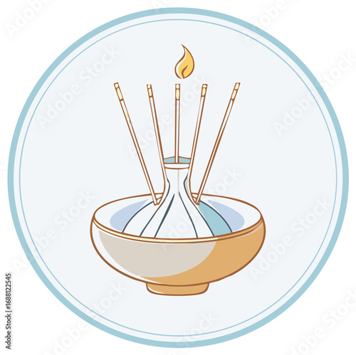 Incense burner with burning incense sticks and flame illustration in a circle frame