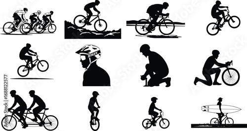 Cyclists riding mountain bikes, road bikes, tandem biking, bike repair, cyclist silhouette with helmet, unicycle, surfing cyclist outdoor sports
