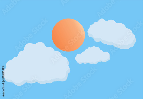 A bright orange sun shines in a clear blue sky, partially obscured by fluffy white clouds, creating a serene and uplifting atmosphere