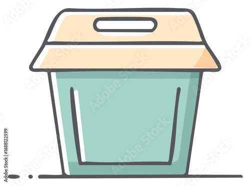 Stylized illustration of a pastel storage bin container or organizer with lid and handle for supplies organization or household waste