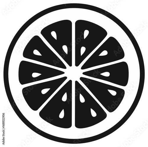 Stylized black and white illustration of a citrus fruit slice icon