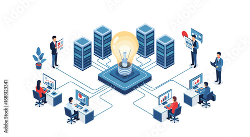 Inspiring data insights with a lightbulb idea connecting people to servers in a dynamic modern network