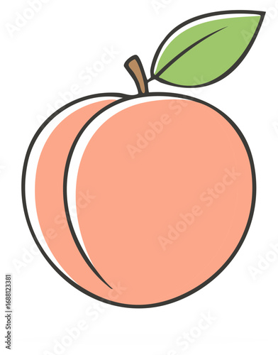 Stylized Peach Illustration with Green Leaf and Brown Stem Fresh Fruit Still Life