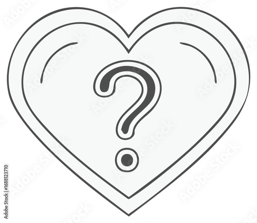 Outline heart with question mark, symbolizing emotional uncertainty, love's mystery, and relationship questions