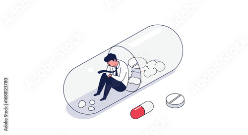 Businessman trapped inside capsule feeling overwhelmed with anxiety and depression needing support