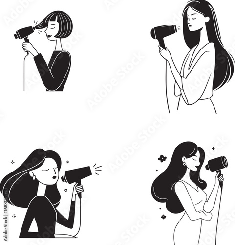 Minimalist line art of a woman drying hair with a hair dryer in a clean style silhouette