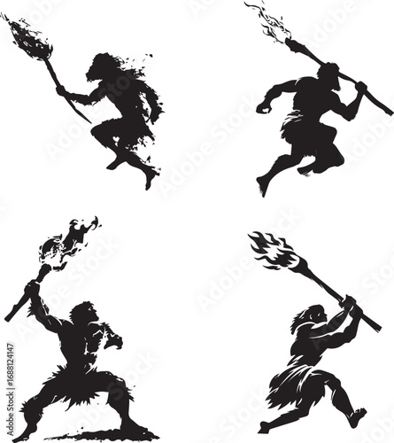 Dynamic caveman silhouette charging with burning club for dramatic primitive hunting action silhouette