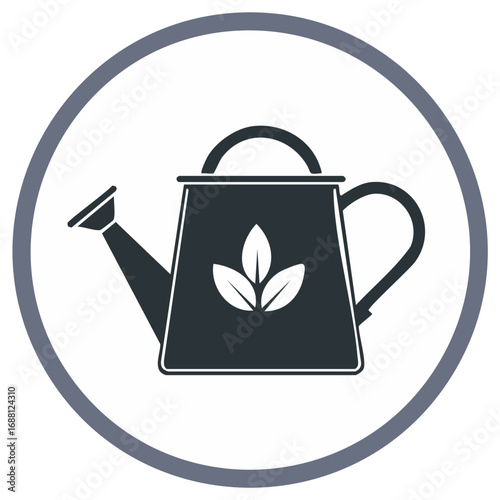 Watering Can with Leaf Symbol in Gray Circle for Gardening and Agriculture