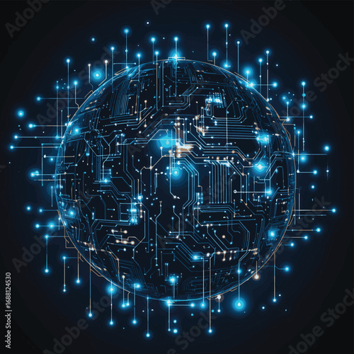 Futuristic globe with electronic circuit lines background. Cybersecurity, global data protection, digital risk management. , vector style simple color