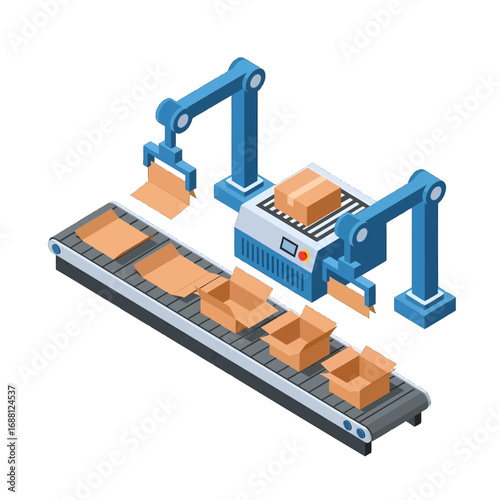 Isometric View of Automated Assembly Line with Cardboard Boxes and Robotic Arms on White Background