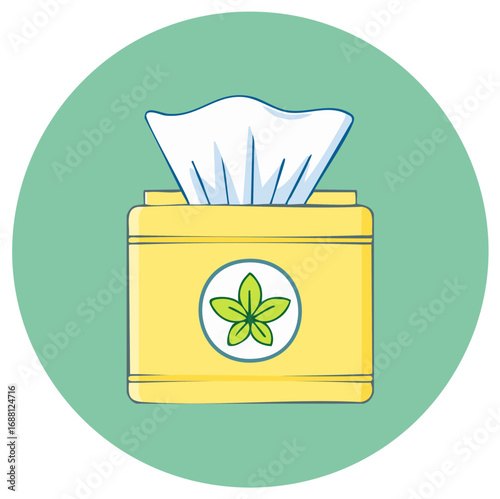 Tissue box with green leaves inside a green circle, yellow box, medical supplies