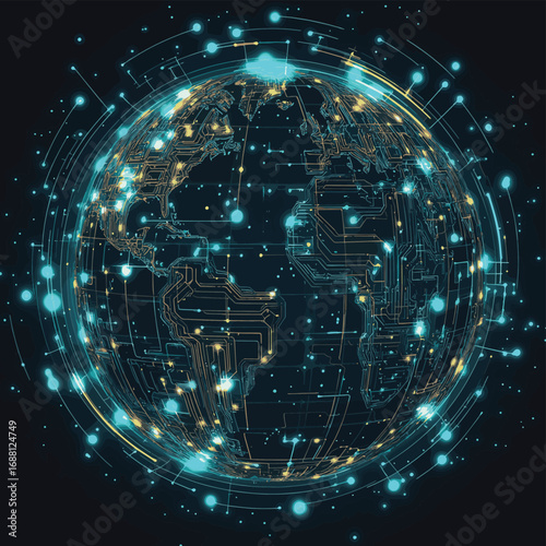 Futuristic globe with electronic circuit lines background. Cybersecurity, global data protection, digital risk management. , vector style simple color