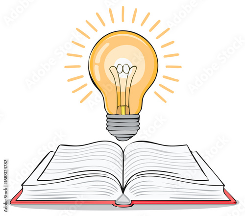 Open Book with Glowing Lightbulb Symbolizing Inspiration and Knowledge