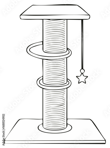 Outline Illustration of Cat Scratching Post with Perches and Dangling Star, Pet Furniture for Exercise, Play and Relaxation