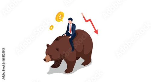 Navigate turbulent markets with a businessman riding bear, showing market downturn and financial risk