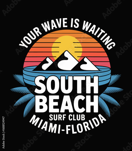 The logo for South Beach Surf Club combines mountains and a sunset, evoking a sense of leisure and excitement for surfers in Miami's vibrant beach culture.