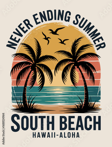 An idyllic representation of a tropical sunset over a serene ocean, accompanied by palm trees, portraying the essence of perpetual summer and relaxation in paradise.