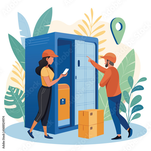 Vector art of woman using smartphone at automated parcel locker, delivery man pointing, surrounded by plants and location pin, for secure package delivery