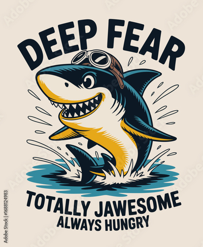 A cheeky shark illustration showcasing a friendly expression while splashing in the water, blending humor and adventure, perfect for engaging ocean-themed content.
