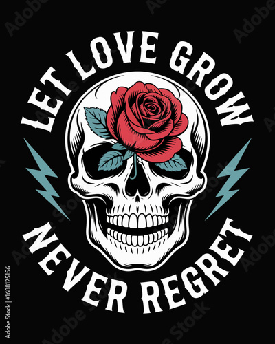 The striking design of a skull with a blooming rose conveys a unique message about love, growth, and the importance of living life to the fullest without regrets; an artistic vision.
