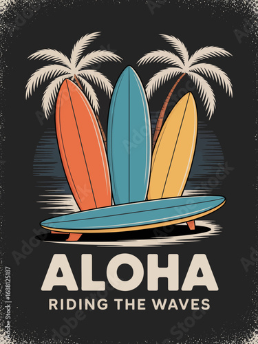 Featuring an array of surfboards among palm trees, this energetic design embodies the essence of surfing culture, adventure, and the vibrant beach lifestyle.