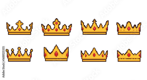 eight pixelated crowns arranged neatly in two rows