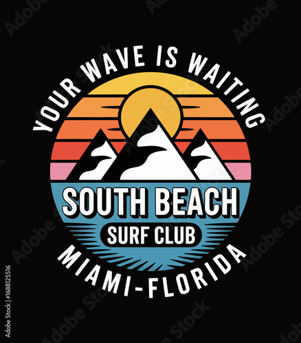 This eye-catching logo portrays South Beach Surf Club with mountains and a setting sun, encapsulating the joy and thrill of surfing in a vibrant Miami atmosphere.