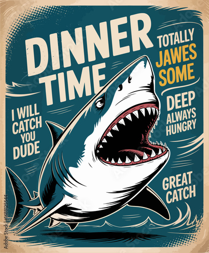 A majestic shark portrayed in a dynamic pose, showcasing the thrill and excitement of ocean adventures while symbolizing strength and determination in a whimsical style.