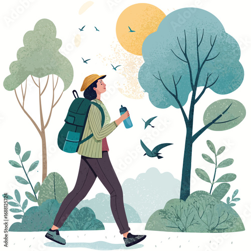 Vector art of a woman with a backpack walks through a park on a sunny day, enjoying the nature and the birds flying around, carrying a water bottle