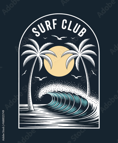 This illustration combines stylized palm trees with a striking surf wave beneath a glowing sun, creating a relaxed atmosphere that's perfect for beachgoers and surf lovers alike.