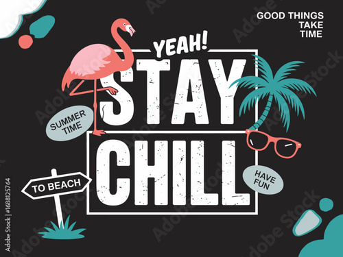 This striking design combines a flamingo and palm tree with summer-themed text, conveying a message of relaxation, fun, and enjoyment in a vibrant setting perfect for summer.