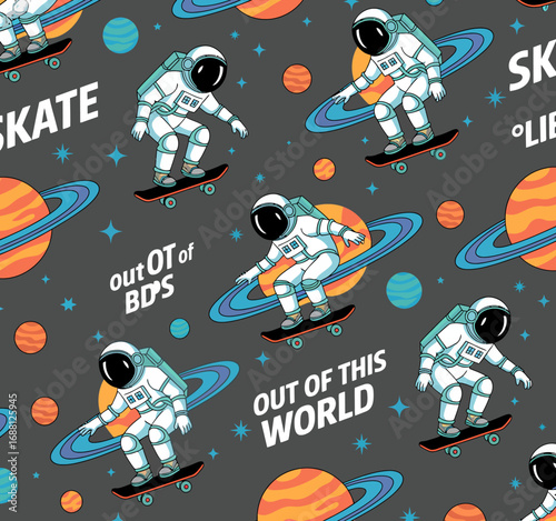 This vibrant pattern features an astronaut skateboarding through a cosmic realm of stars and planets, evoking themes of adventure, creativity, and youthful excitement.