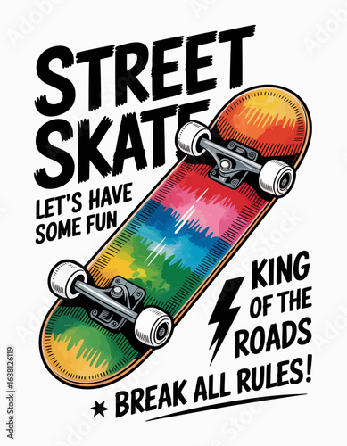 This lively skateboard image encapsulates the joy and freedom of youth, adorned with bright colors symbolizing creativity and individuality in street culture.