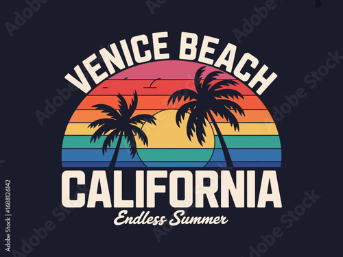 A charming visual representation of a retro sunset at Venice Beach, featuring palm trees that symbolize carefree summer days and evoke feelings of joy and tranquility.