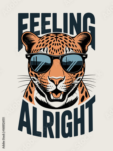 A striking illustration of a leopard wearing sunglasses, exuding a cool attitude against an urban silhouette backdrop, showcasing a blend of wildlife and city life.