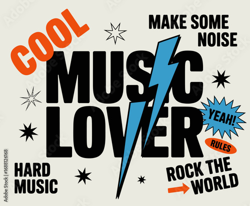 A striking graphic design showcasing energetic typography and playful elements that capture the joy and enthusiasm associated with music lovers and sound experiences.