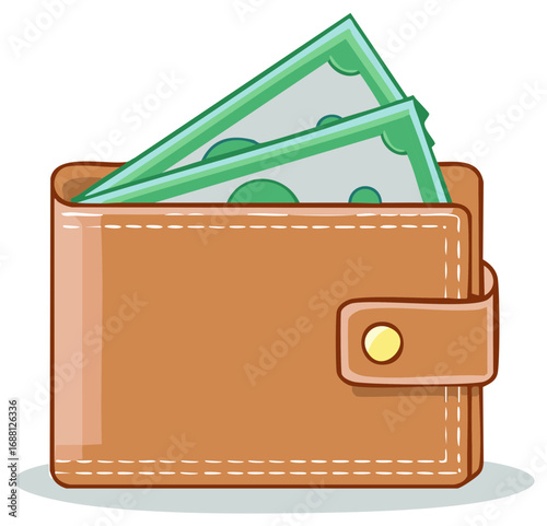 Brown leather bifold wallet filled with green paper money banknotes showing economic wealth and financial prosperity