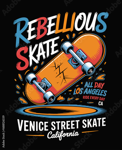 An engaging skateboard graphic emphasizing movement and excitement, showcasing a bright design and elements reflective of the California skate culture and lifestyle.