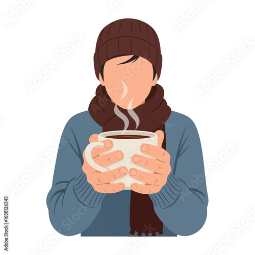 Person Holding Steaming Mug Wearing Brown Beanie and Scarf Isolated on White Background Winter Holiday Season