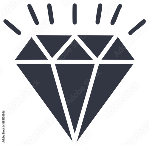 Shining dark grey diamond gem icon with sharp facets and radial light rays symbolizing luxury and value