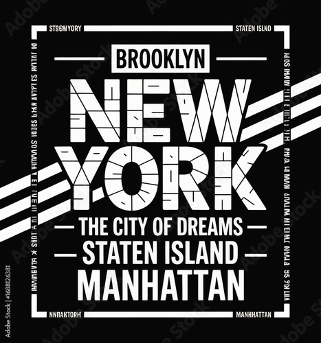 This modern graphic presents a three-dimensional typography design for New York City, emphasizing its boroughs and the notion of dreams within an urban context, captivating and stylish.